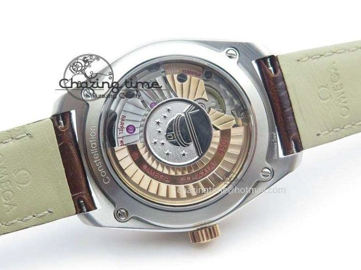 0214 Sporty Globemaster Master Chronometer SS RG V6F Best Edition Black Dial On Brown Leather Strap A 8270